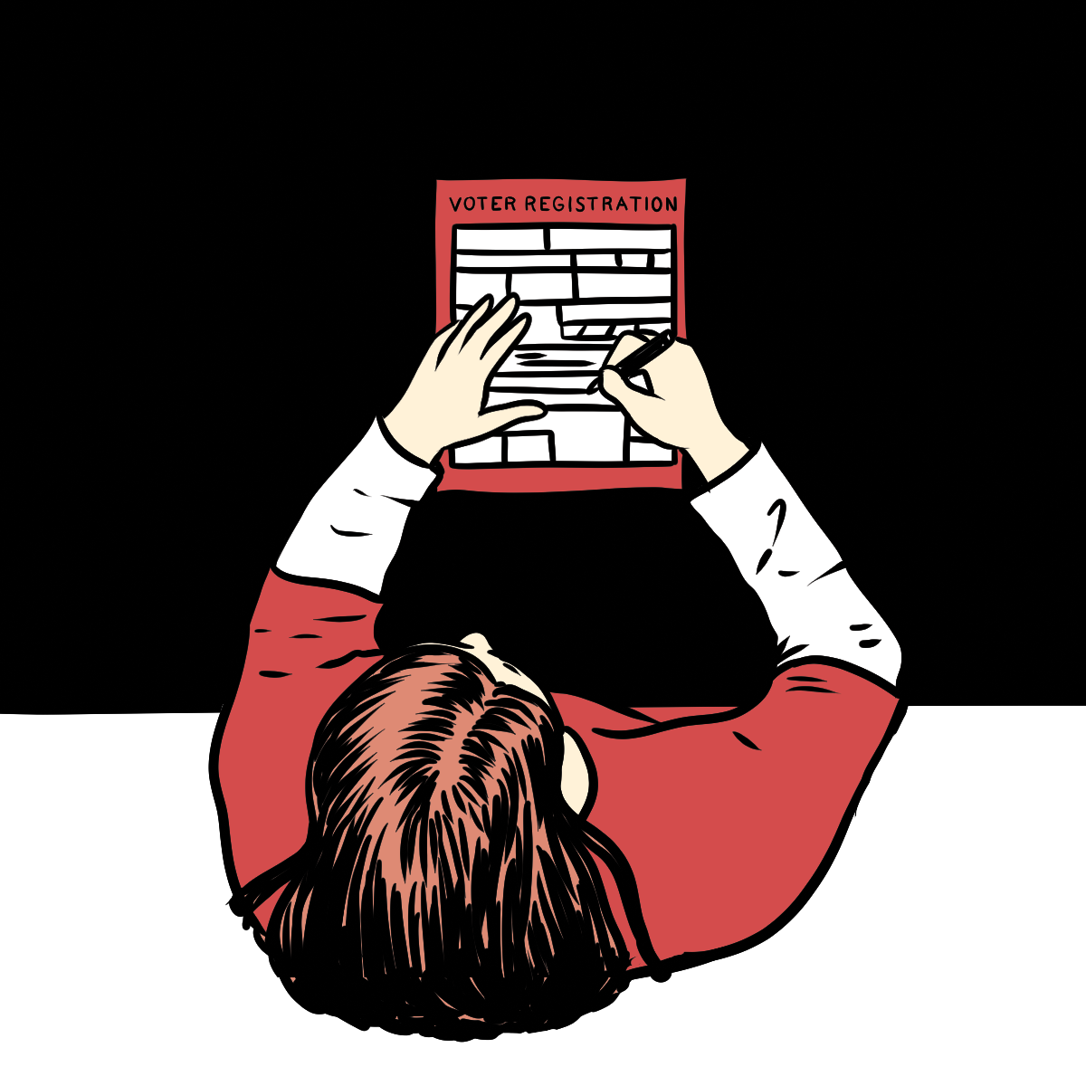 An illustration of a White woman in a prison uniform filling out a voter registration form. 