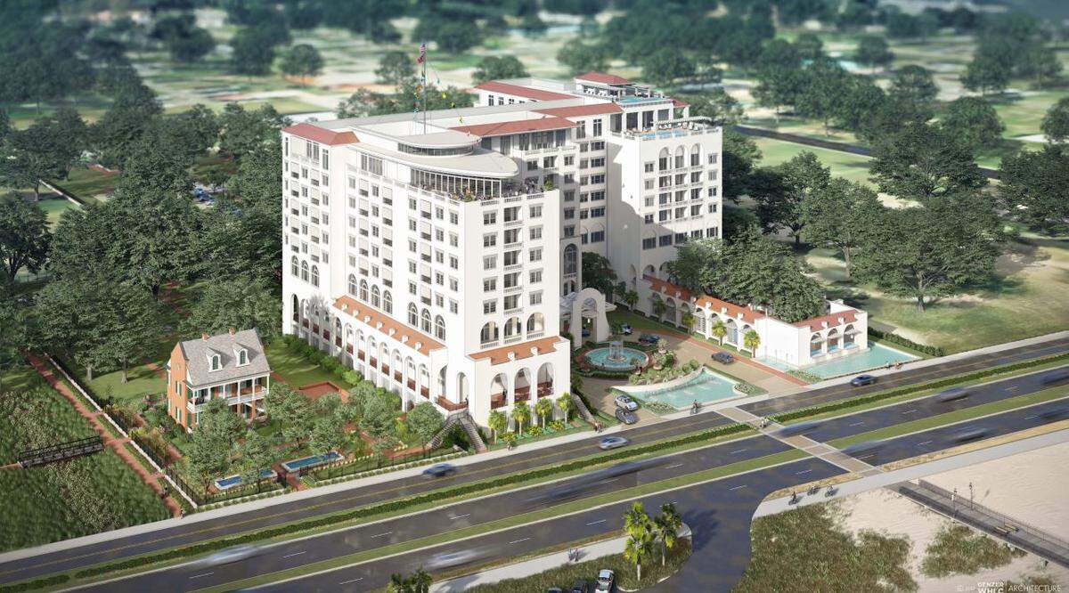 This rendering of the Tullis Garden Hotel shows the replica of Tullis Manor, on the left side, and the 11-story main tower. The resort is proposed for the site of the original Tullis Manor, which was destroyed during Hurricane Katrina.