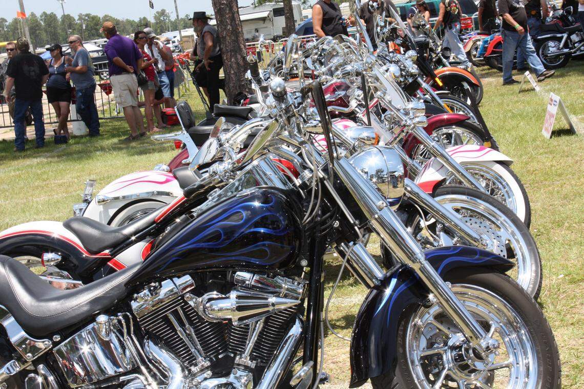 Motorcycles are lined up at a past Gulfport Memorial Day Blowout at Gulfport Dragway.