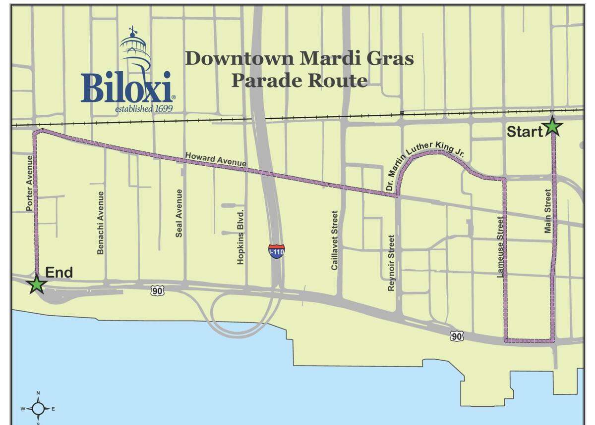The route for Krewe of Neptune and Gulf Coast Carnival Association parades in Biloxi. The GCCA parade on Fat Tuesday is the Coast’s largest, while Neptune’s parade on March 1 will feature custom floats made by New Orleans float builder Kern Studios.