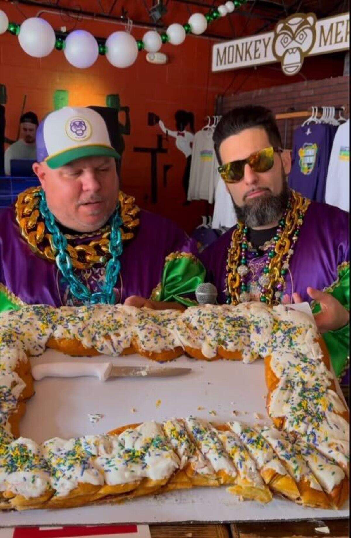 Patrick Heim (left) and Josh Bono started posting videos at the beginning of Mardi Gras season rating king cakes on a scale from 1 to 10 with the goal of posting a review every day until Fat Tuesday.
