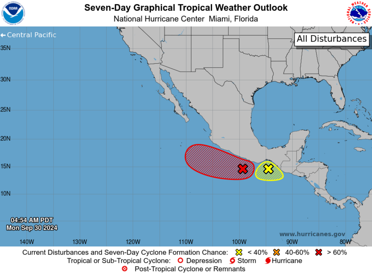 Another area of low pressure, seen in yellow, in the Central American Gyre may move east of Mexico’s Yucatan Peninsula this week. It could merge with another low-pressure area in the Caribbean Sea by the weekend, forecasters said.