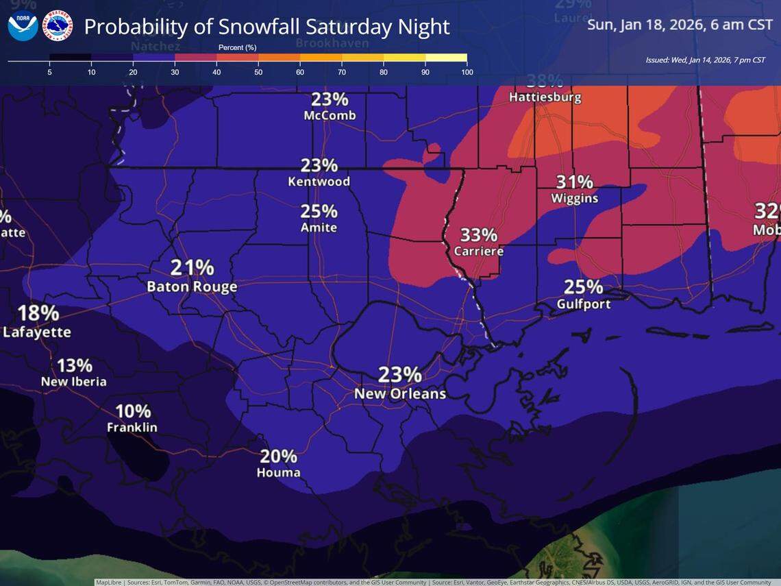 A National Weather Service forecast shows low chances of snow on Saturday across southern Mississippi and Louisiana.