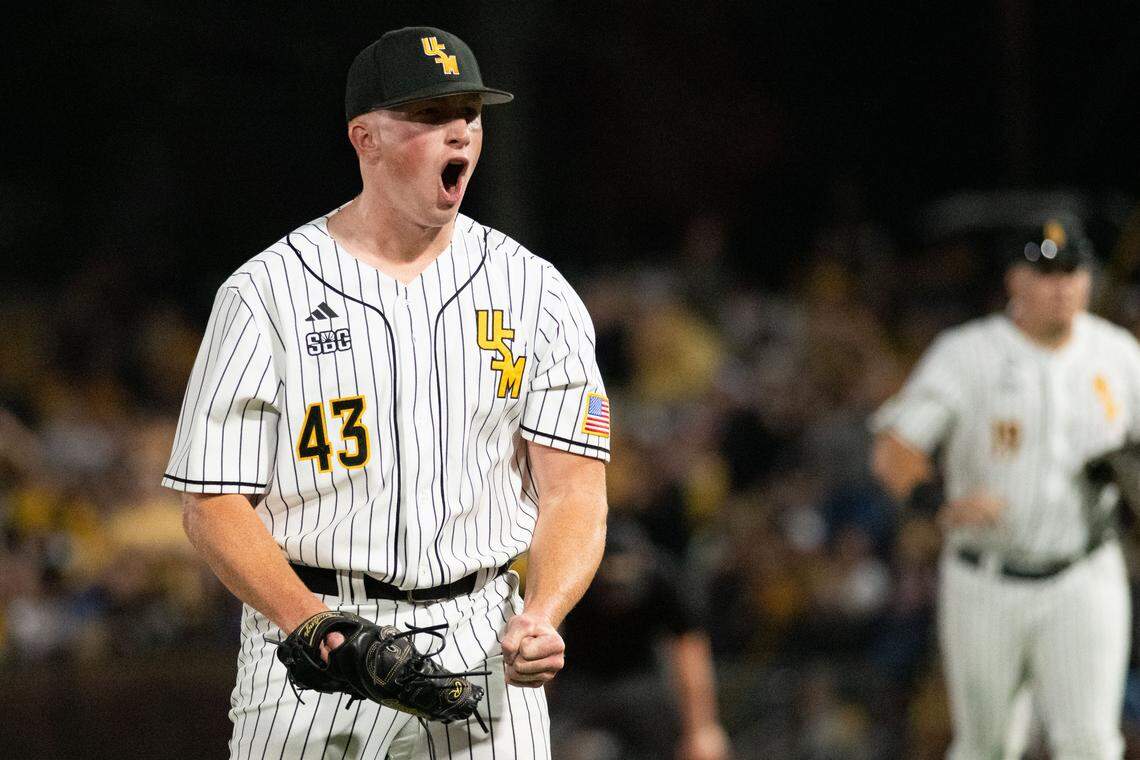 Southern Miss left-handed pitcher Bruce Littleton (43) celebrates getting an out to close out an inning during a baseball game at Pete Taylor Park in Hattiesburg on Tuesday, March 3, 2026.