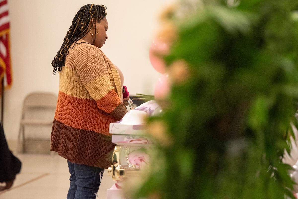 Mourners say their goodbyes to Ni’Kyra Dedeaux during her funeral at Lyman Community Center in Gulfport on Friday, Jan. 10, 2025. Dedeaux was killed in an alleged terrorist attack on Bourbon Street in New Orleans on Jan. 1.