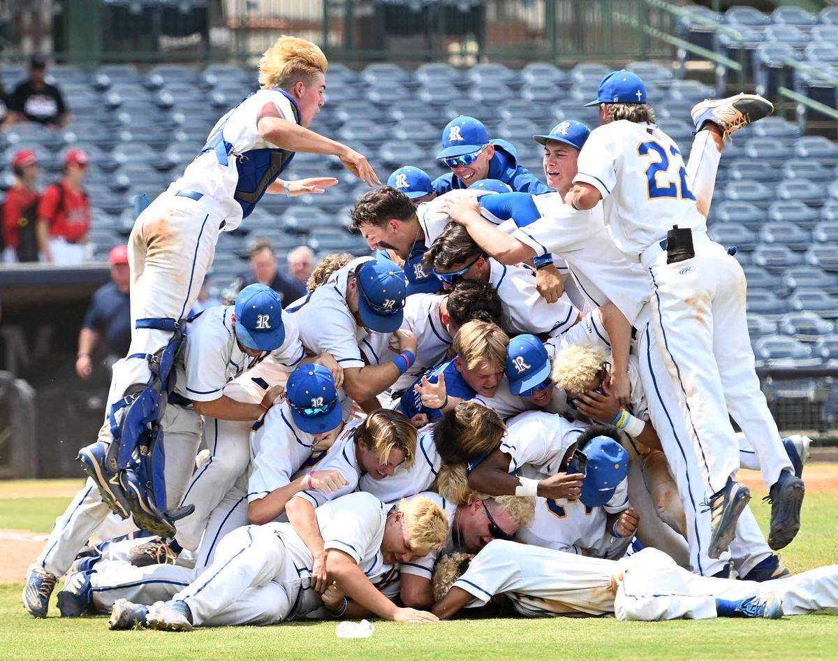 The Resurrection Catholic Eagles celebrate winning the MHSAA Class 1A Baseball State Championship over West Union on Thursday, June 1, 2023, at Trustmark Park in Pearl, Miss.
