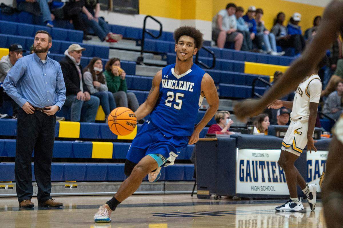 Vancleave forward Oscar Hampton dribbles the ball down the court during a game against Gautier at Gautier High School in Gautier on Friday, Jan. 21, 2022.