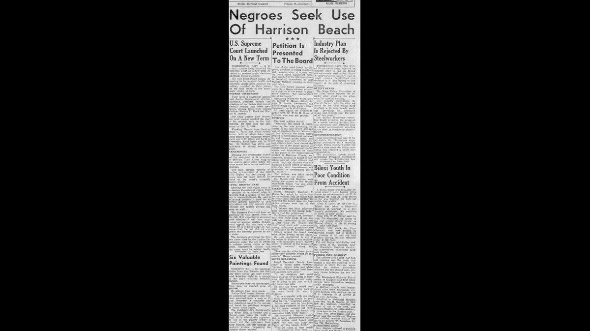 An article in an October 5, 1959 edition of the Daily Herald describing Gilbert R. Mason’s petition to allow Black people on Harrison County’s beaches.