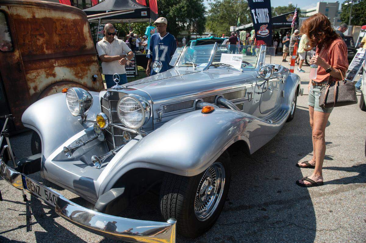 A 1936 Mercedes-Benz 540k Spezial Roadster on display at the Biloxi Block Party in Biloxi during Cruisin’ The Coast on Wednesday, Oct. 9, 2024. According to a sign next to the vehicle, only 29 of these vehicles were made between 1934 and 1936 and this one is a recreation from one at the National Automobile Museum and was used in movies.