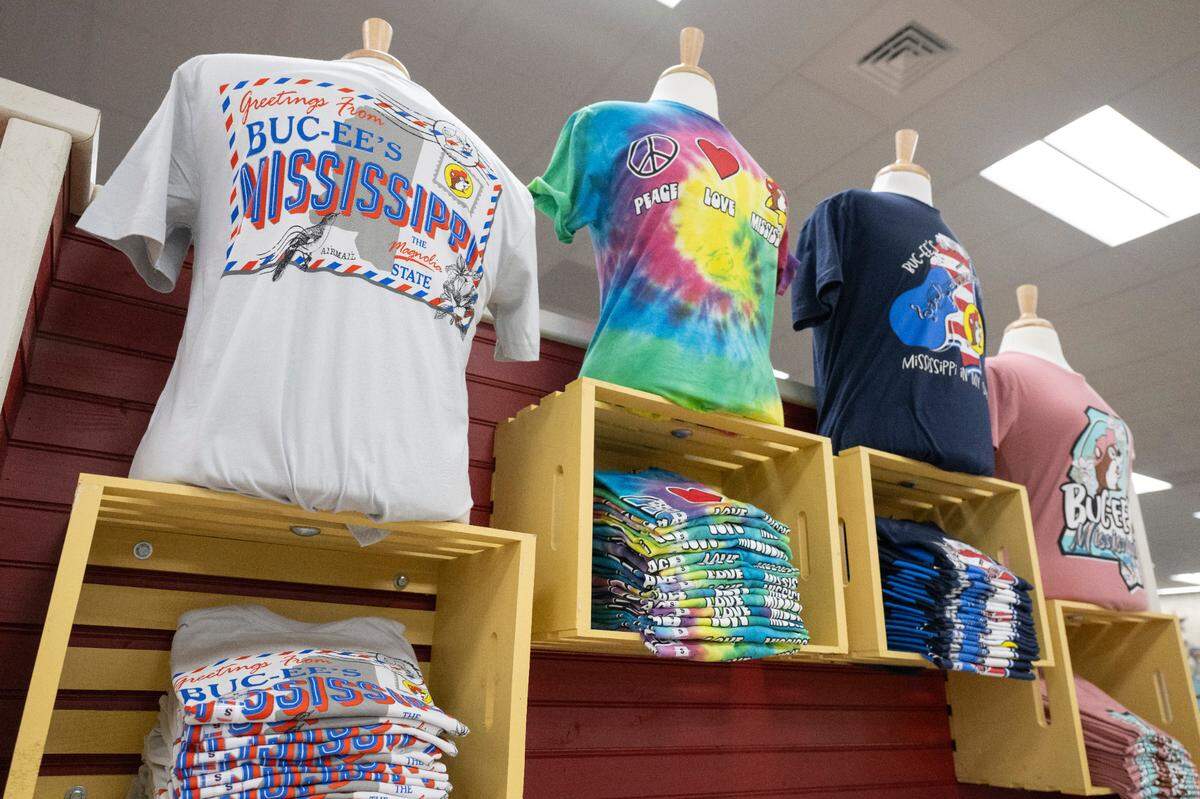 Mississippi themed t-shirts at Buc-ee’s first Mississippi location, located in Harrison County, before it opened to the public on Monday, June 9, 2025.