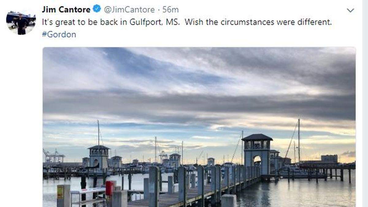 Weather Channel storm chaser Jim Cantore is in Gulfport to cover Tropical Storm Gordon, expected to become a hurricane before it makes landfall on the Mississippi Coast near Biloxi.