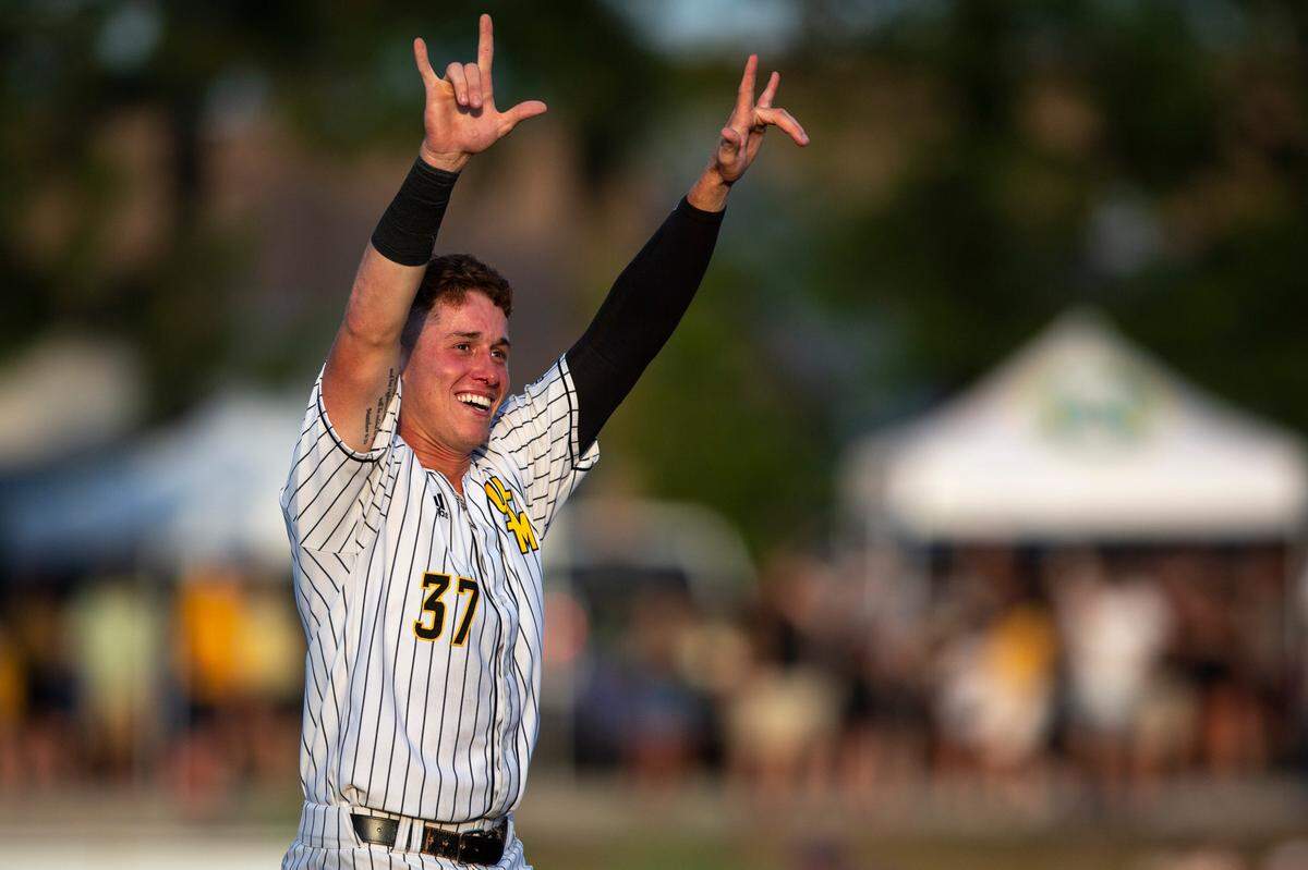 Southern Miss’s Carson Paetow cheers after defeating LSU 8-7 in the NCAA Regionals at Pete Taylor Park in Hattiesburg on Monday, June 6, 2022. Southern Miss will advance to super regionals.