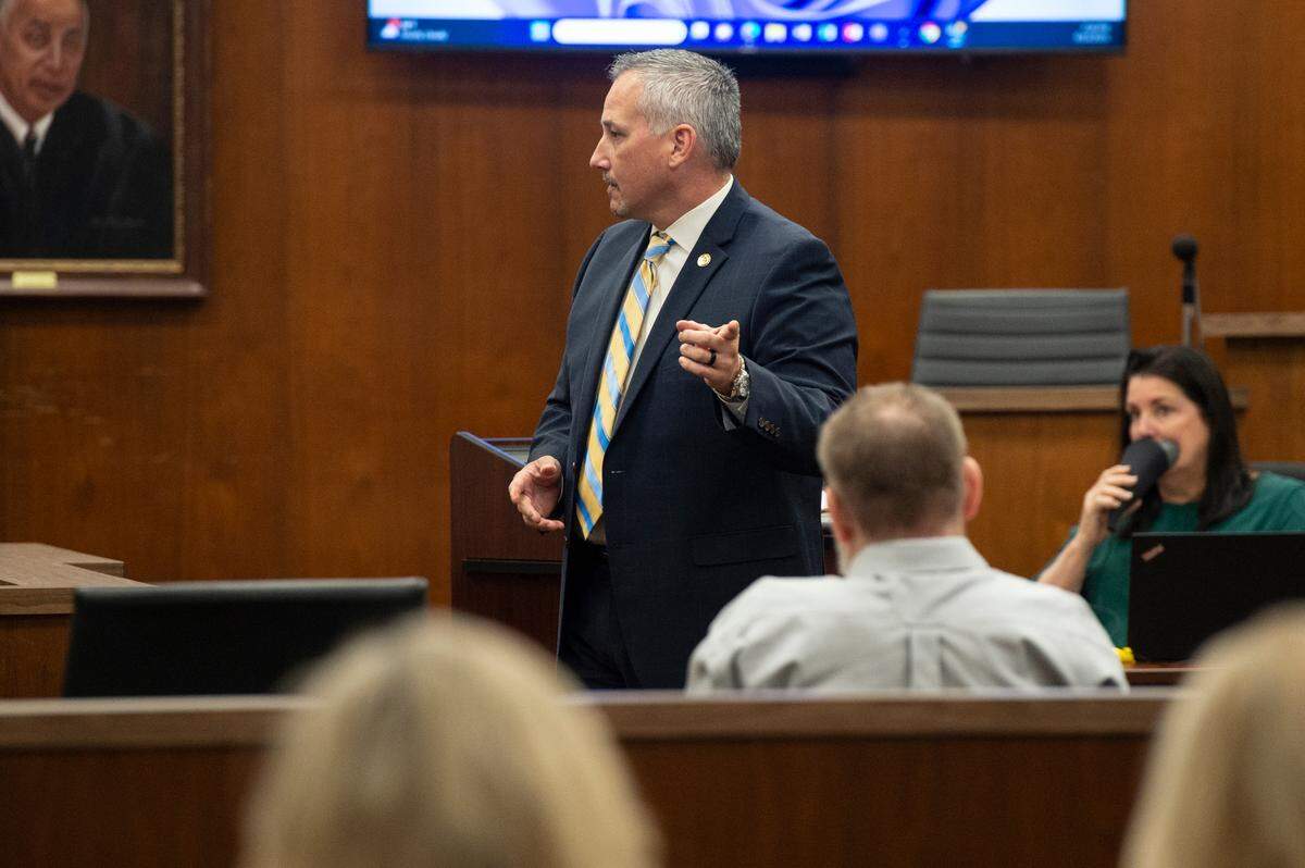 Assistant District Attorney Billy Stage makes his opening statement during day one of the trial of Johnny Max Mount for the 2015 murder of Julie Brightwell in Harrison County Court in Biloxi on Tuesday, June 13, 2023.