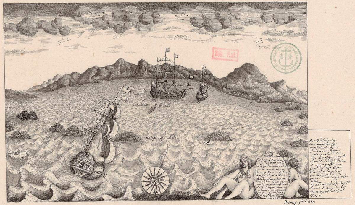 In the background is the captured Spanish ship Santa Rosa on the left, and a small three-masted bark on the right, both commanded by Laurens de Graaf, at the Cayemite Islands in the Gulf of Gonaive, Hispaniola, January 1688. In the foreground, the ship “le Marin” is one of the two frigates that d’Iberville would use when exploring the Mississippi Gulf region in 1699.