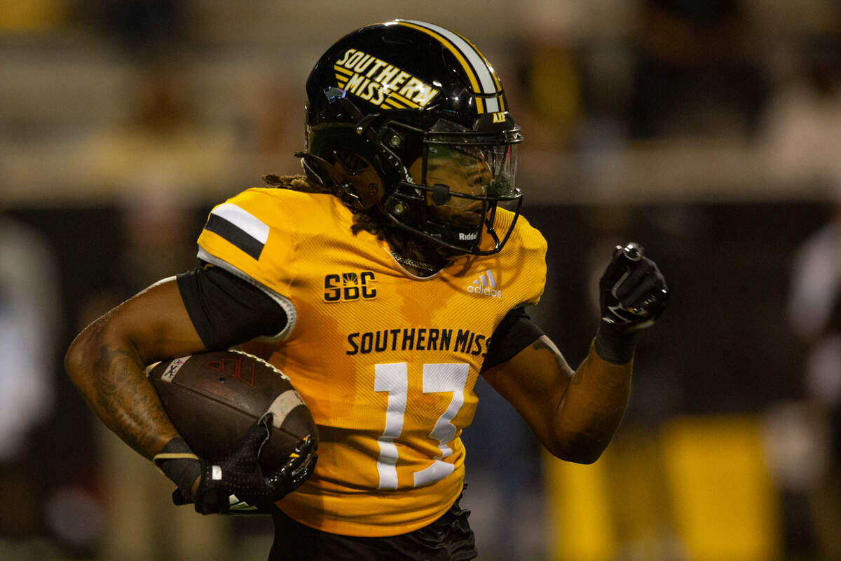 Southern Miss Golden Eagles wide receiver Dannis Jackson (13) runs the ball during a game between Southern Miss and Arkansas State at M.M. Roberts Stadium in Hattiesburg on Saturday, Oct. 19, 2024.