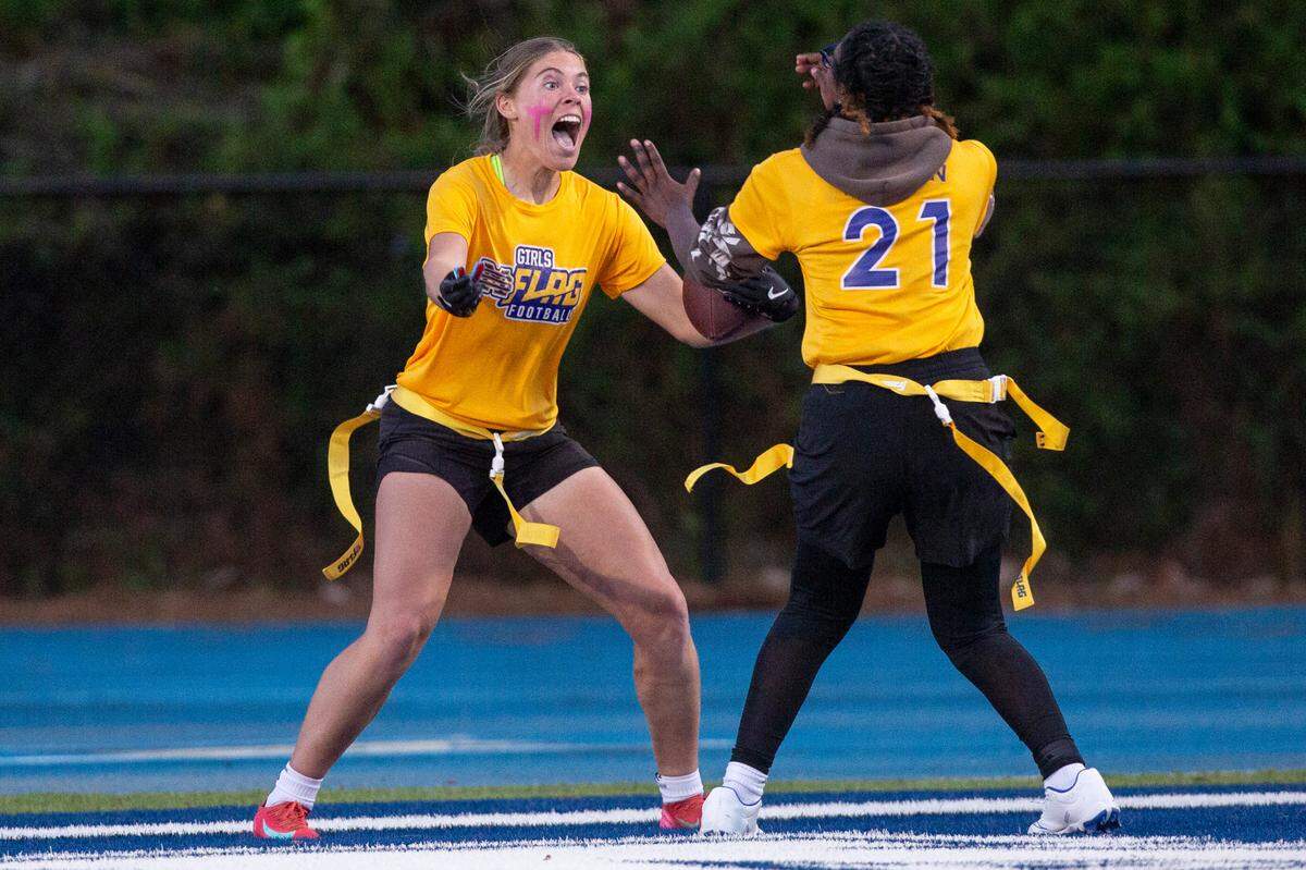 St. Martin’s Brianne Sanders and KK Martin celebrate after scoring during a Jamboree game at Vancleave on Thursday, March 20, 2025.