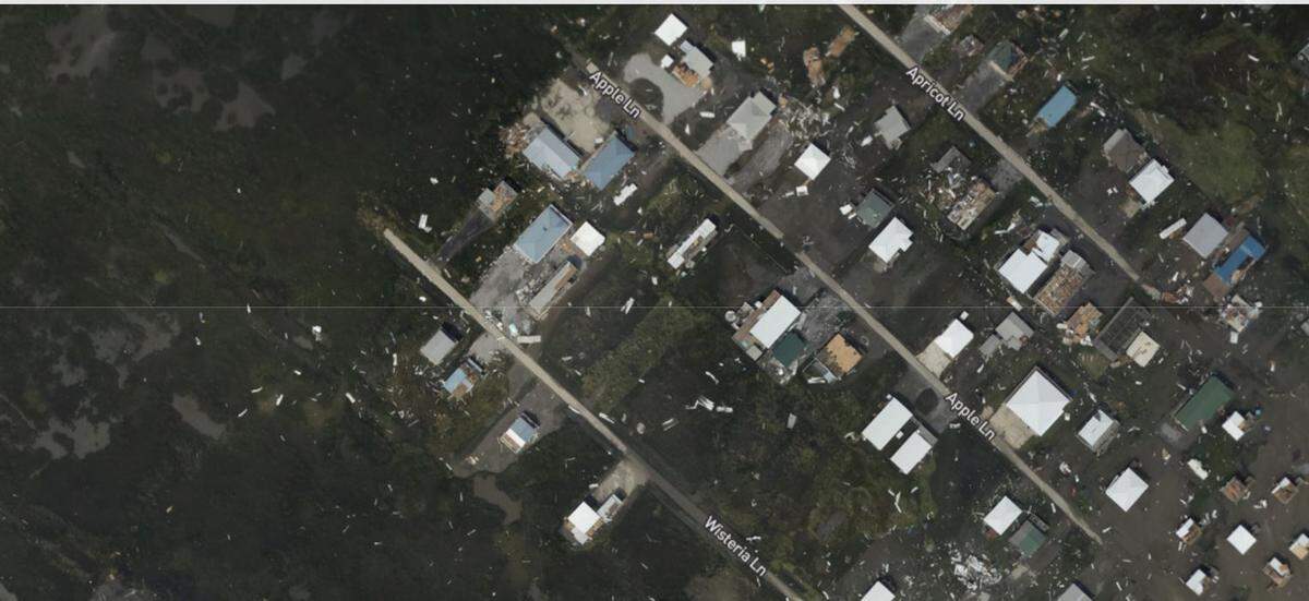 A neighborhood at 177th Street at Grand Isle shows considerable damage from Hurricane Ida on Aug. 29, 2019, south of New Orleans, Louisiana.