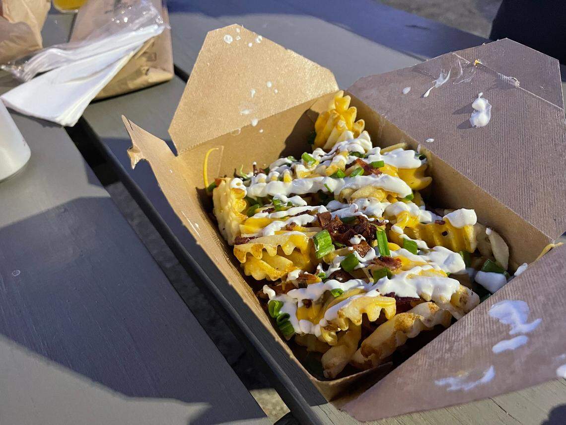 The loaded waffle fries at Hungry Llama food truck in Biloxi, Mississippi.