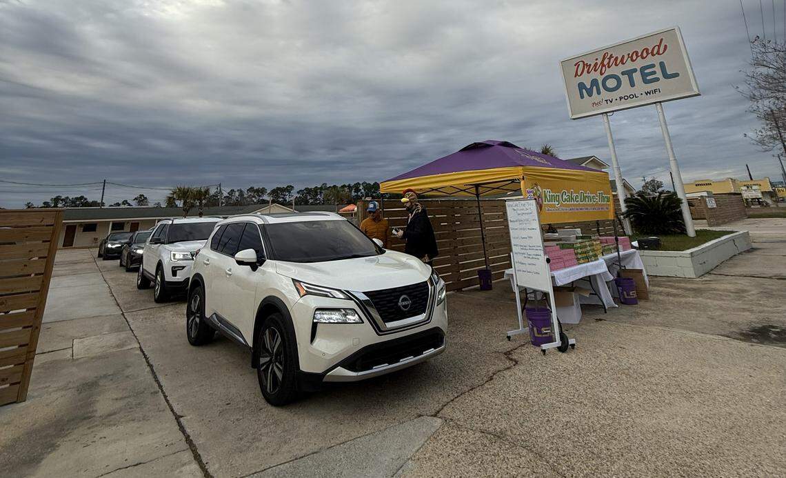 Drivers wait in line to take home one of the king cakes from popular New Orleans bakeries in 2025. The King Cake Drive-Thru is back again this year to save people the drive into the city.