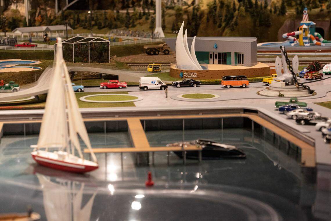 South Mississippi attractions, like the Mississippi Aquarium, feature in one of the model train dioramas on display at TrainTastic Interactive Model Railroad Museum in Gulfport on Wednesday, Dec. 4, 2024.