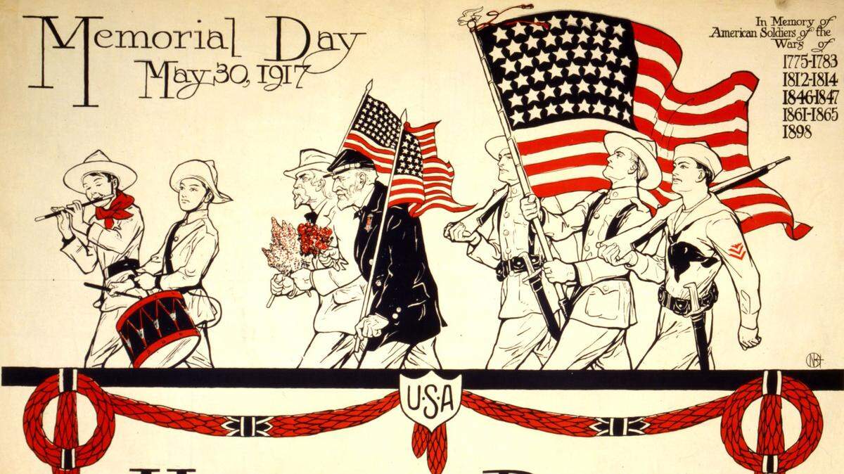 Memorial Day is a remembrance of the dead from all wars fought by the U.S., although it didn’t begin that way. The observance took on broader meaning than the Civil War during World War I, as shown in this patriotic poster archived in the Library of Congress.