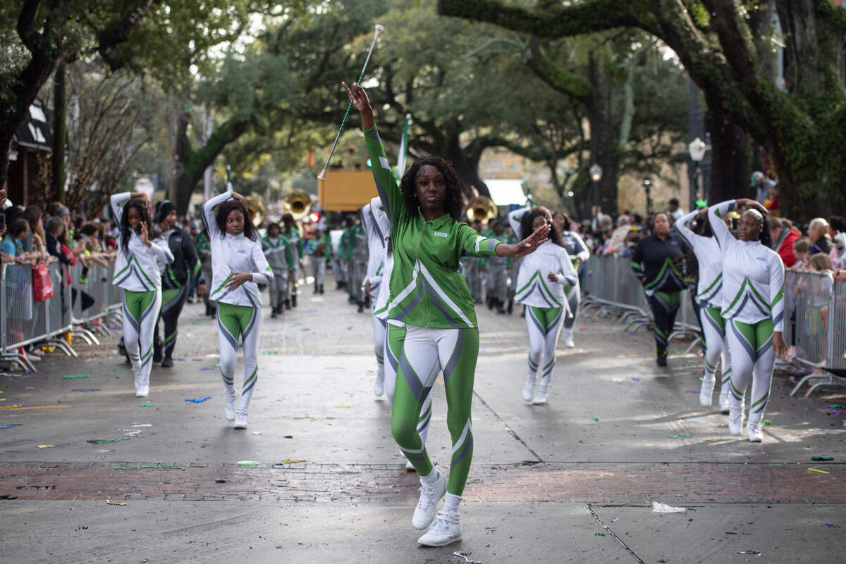 Members of the Vigor High School Band march during the Krewe of Unique Parade following The Ocean Springs Elks Carnival Parade in downtown Ocean Springs on Saturday, Jan. 27, 2024.