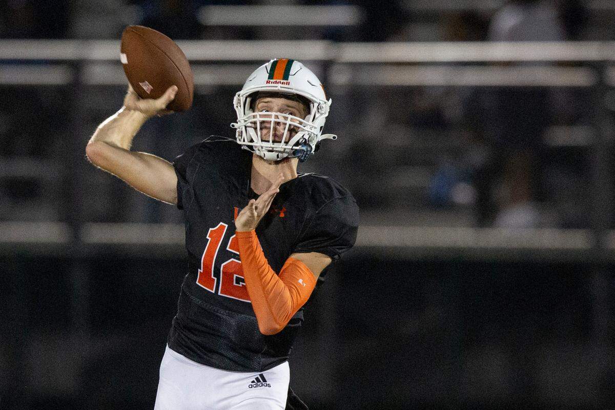 West Harrison Hurricanes’ quarterback Brady Martin throws a pass during a game against Moss Point at West Harrison High School in Gulfport on Friday, Sept. 22, 2023.