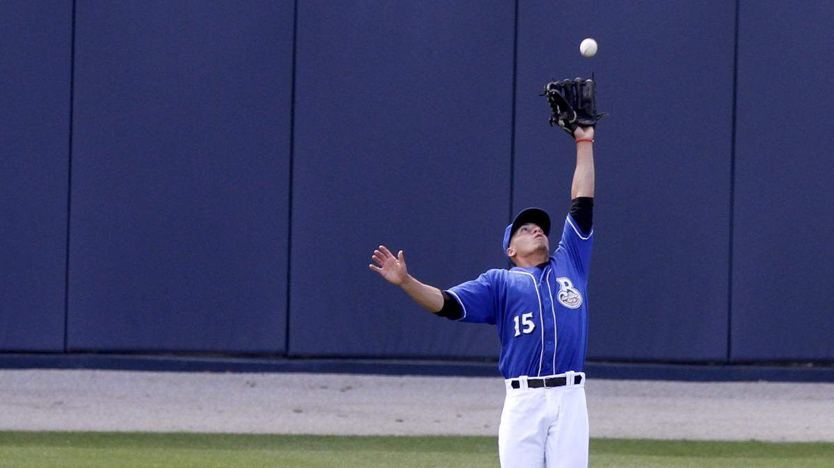 TIM ISBELL/SUN HERALD 
 Biloxi center fielder Tyrone Taylor makes a leaping catch of a fly ball against Pensacola at MGM Park, Wednesday. Taylor hit a solo homer Thursday to lift Biloxi past Pensacola.