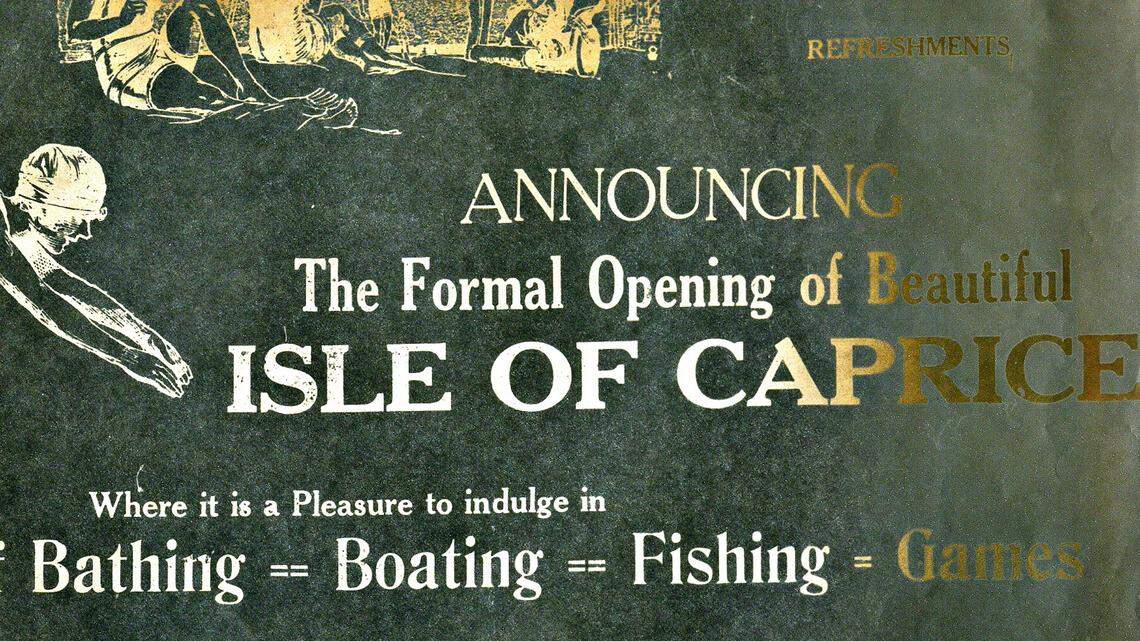 COURTESY OF SHIP ISLAND EXCURSIONSAn announcement of fun that awaited those who took the ferry to Isle of Caprice promised bathing, fishing and games.