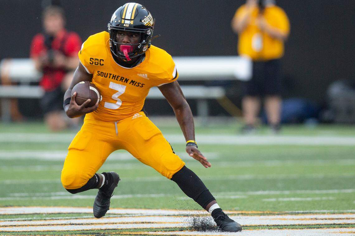 Southern Mississippi running back Frank Gore Jr. (3) evades Liberty defense during a NCAA college football game in Hattiesburg, Miss., Saturday, Sept. 3, 2022. Southern Mississippi lost 29-27