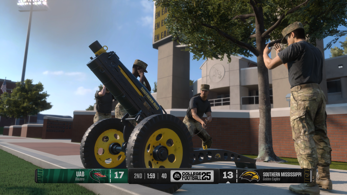 Screen grab from EA College Football 25 showcasing the cannon at Southern Miss that goes off after touchdowns.