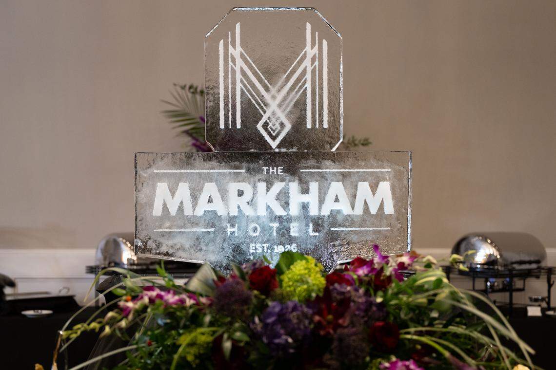 An ice sculpture was on display Thursday in the ballroom at the Markham Hotel.