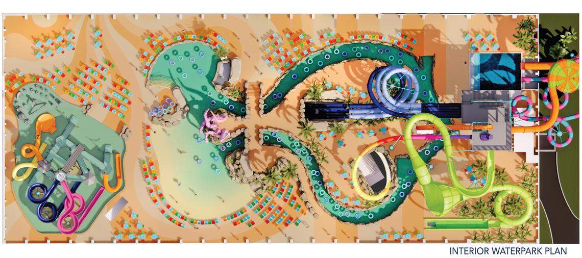 An overhead view shows what the interior of the water park at Tropic Falls, formerly The Park at OWA, will look like once it’s complete. The park is slated to open May 2022.