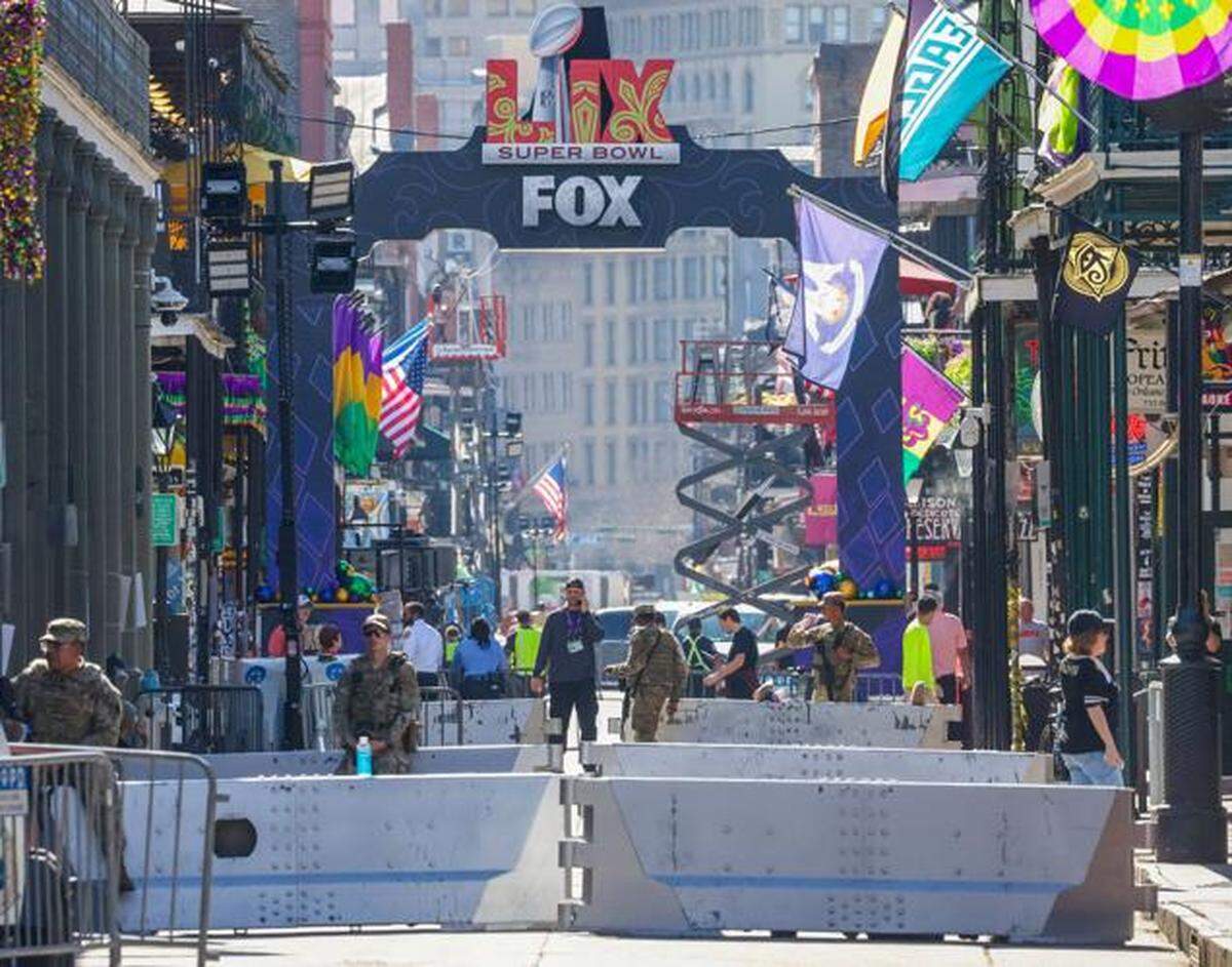 Barricades block Bourbon Street ahead of Super Bowl LIX in New Orleans on Feb. 5, 2025.