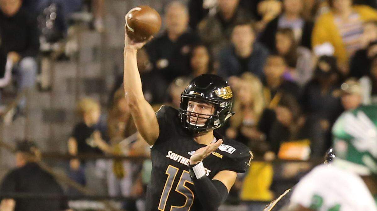 Southern Miss quarterback Jack Abraham looks to target a receiver against North Texas Saturday, Oct. 12, 2019.