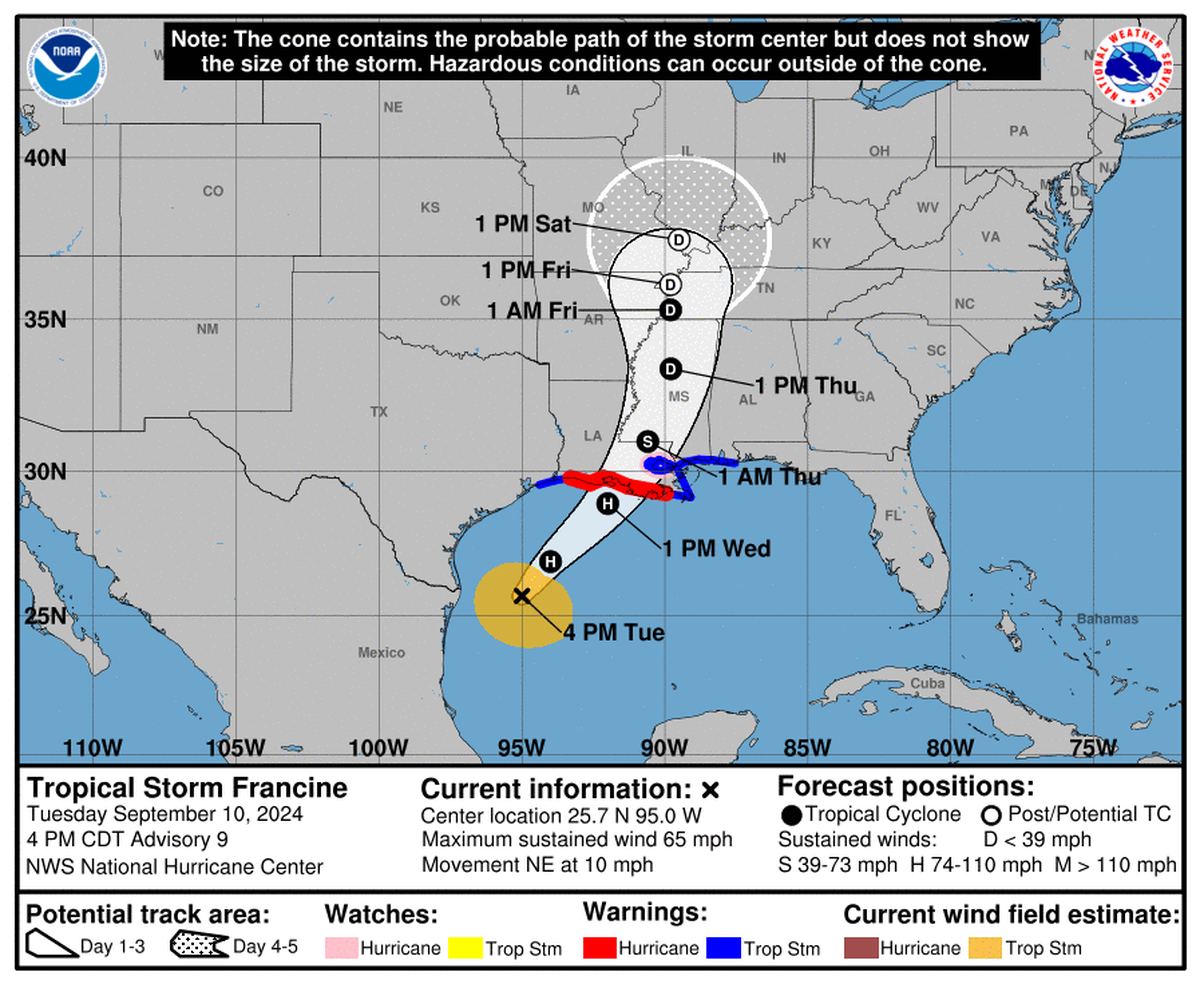 Tropical Storm Francine’s predicted track nudged east again Tuesday afternoon. The storm is expected to make landfall on Wednesday in Louisiana.