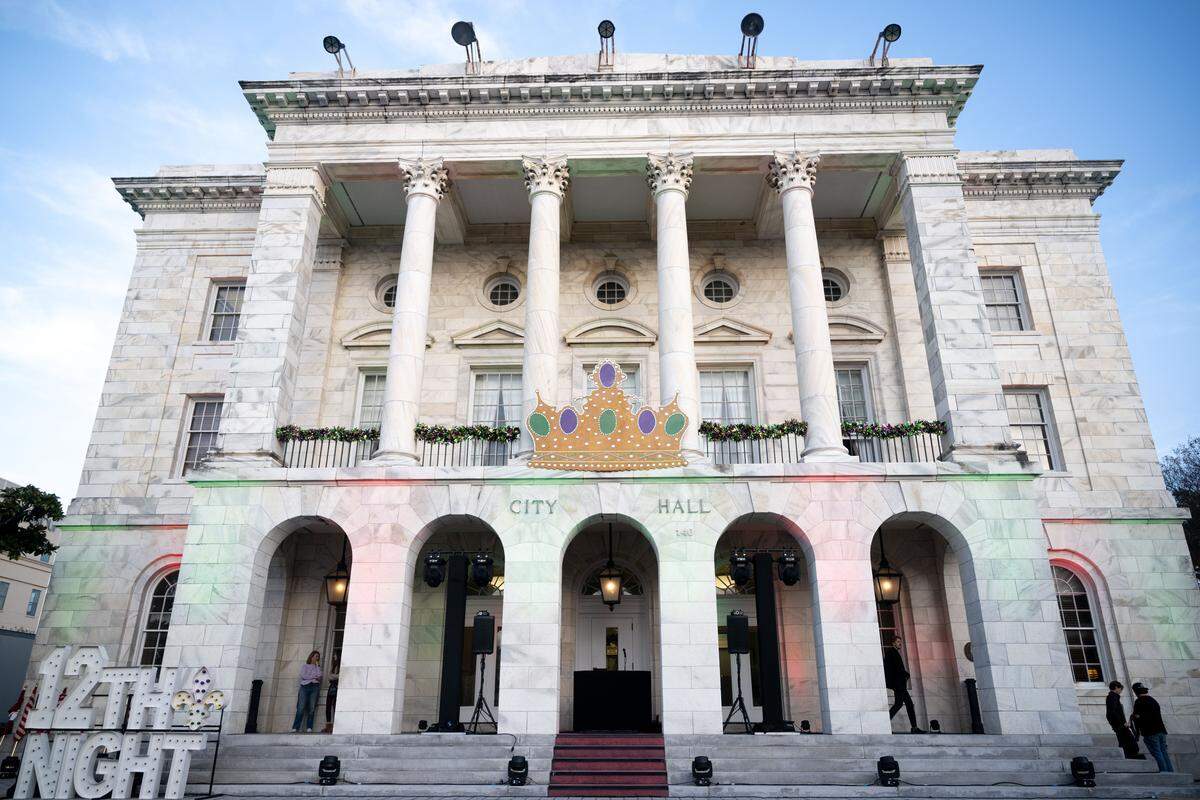 City Hall is lit up with Christmas colors during a 12th Night Celebration in Biloxi on Monday, Jan. 5, 2026.