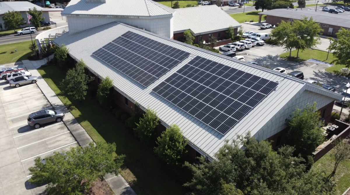 Solar panels on the central office building of the Ocean Springs School District.
