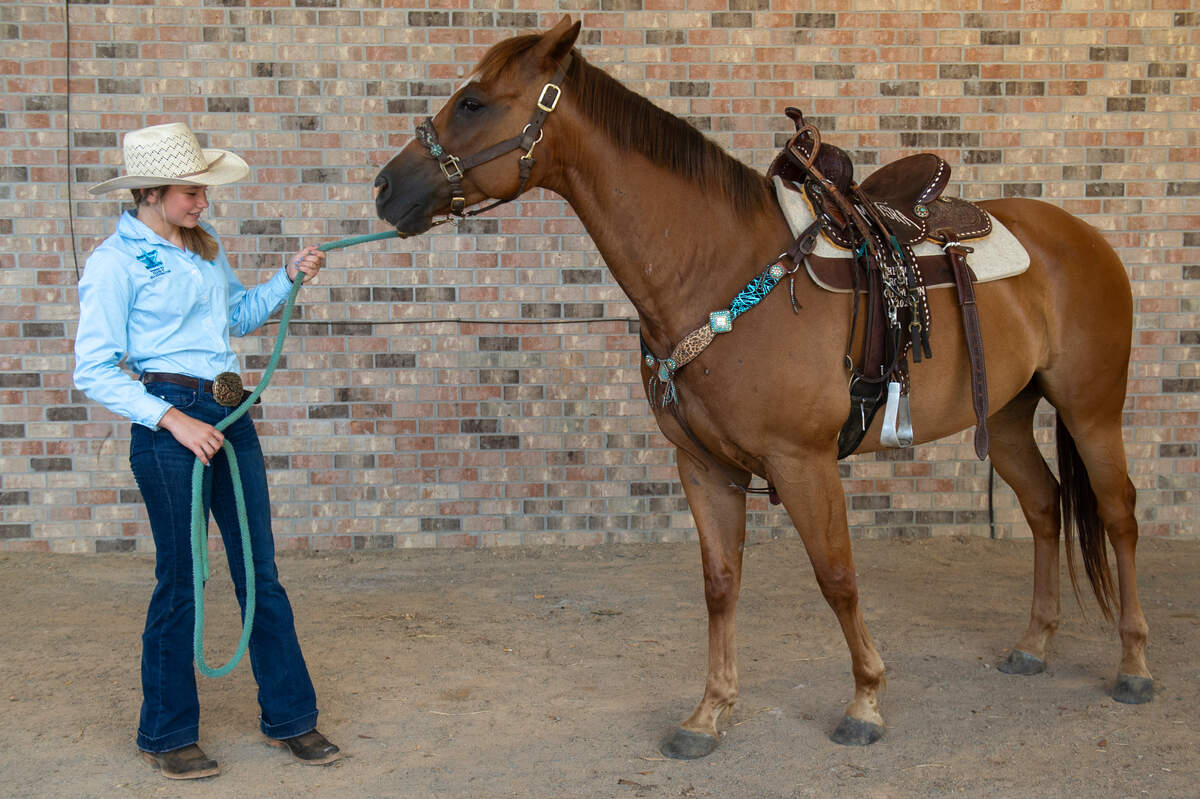 Kinsley McBride leads her horse Jet to practice barrel racing at the Harrison County Fairgrounds on Thursday, June 13, 2024. McBride, who is a member of the Mississippi Junior High Rodeo Association team, will compete at the National Junior High Finals Rodeo in Des Moines, Ia.