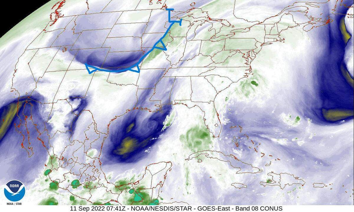A photo of the cold front that is approaching the Mississippi Coast. The blue lines show the directions of the approaching weather.