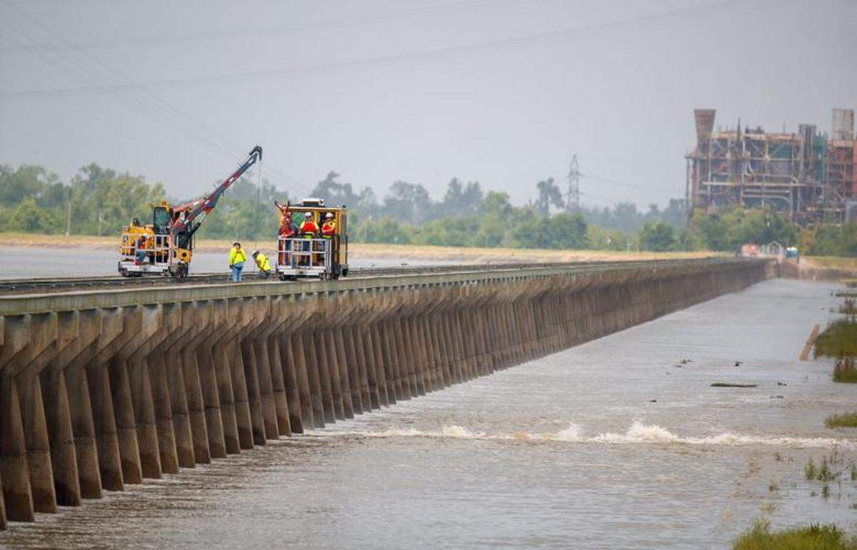 The U.S. Army Corps of Engineers tests opening the Bonnet Carré Spillway as the Mississippi River nears flood stage in Norco, Louisiana, on Monday, April 21, 2025.