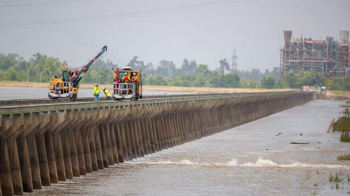 The U.S. Army Corps of Engineers tests opening the Bonnet Carre Spillway as the Mississippi River nears flood stage in Norco, Louisiana, on Monday, April 21, 2025.