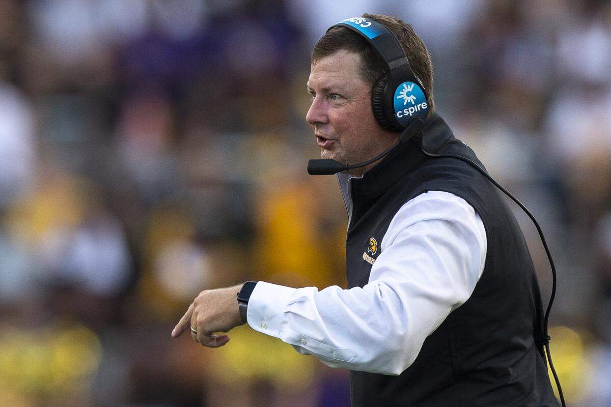 Southern Miss Coach Will Hall reacts during a Southern Miss game at M.M. Roberts Stadium in Hattiesburg on Saturday, Sept. 2, 2023.