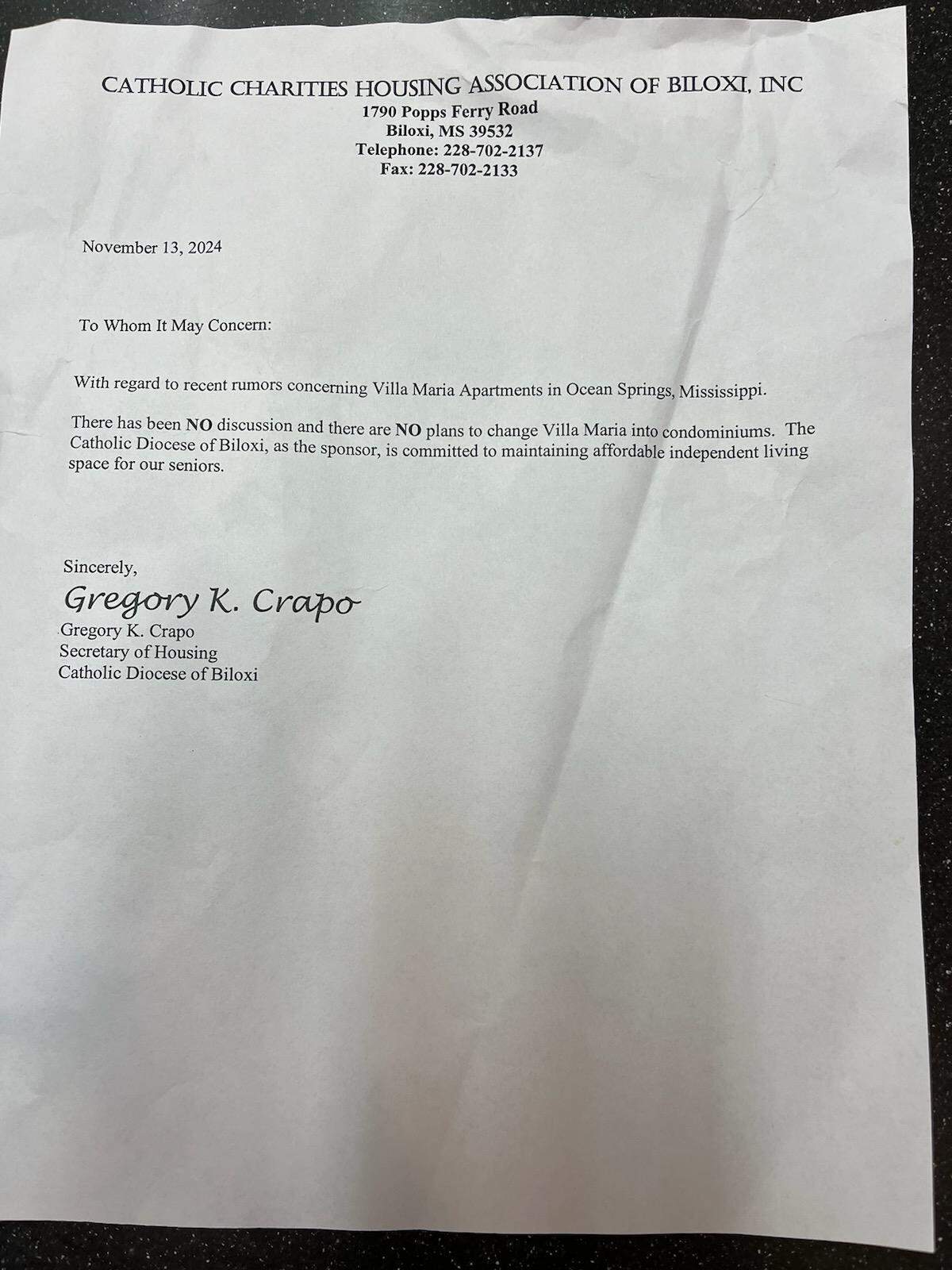 Catholic Charities Housing Association of Biloxi, which owns Villa Maria Retirement Apartments, has distributed this letter to residents.