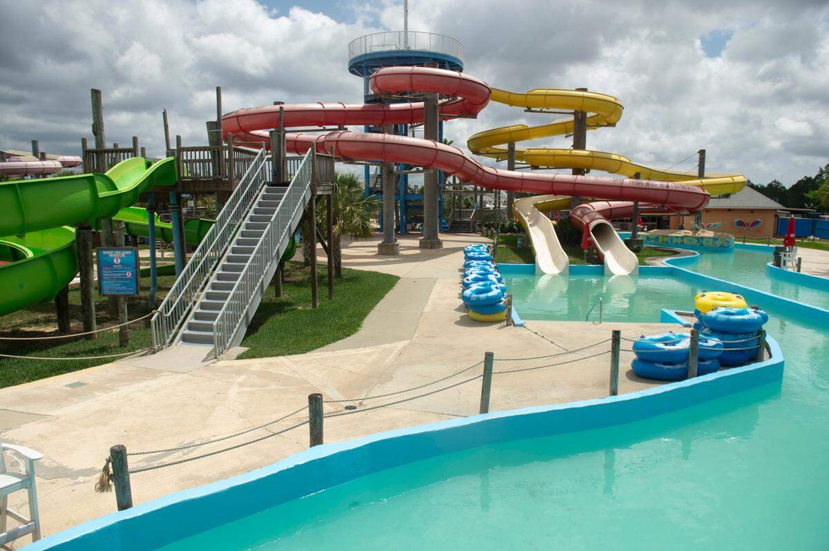 The Deer Island Express and Cat Island Catapult waterslides at Gulf Islands Waterpark in Gulfport on Thursday, May 15, 2025.