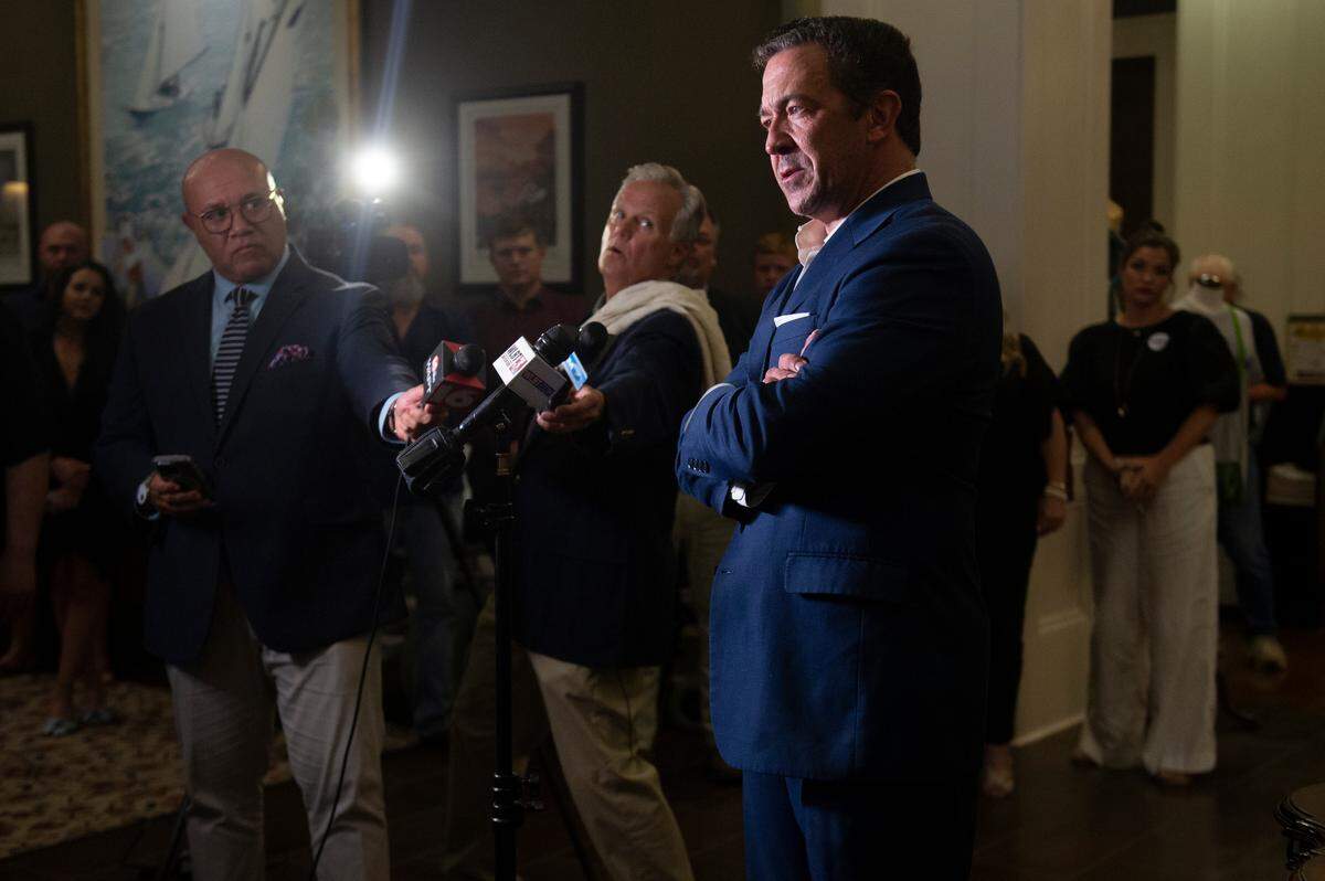 Chris McDaniel speaks to the media and his supporters as his race for Lieutenant Governor looks uncertain at Biloxi Visitors Center in Biloxi on Tuesday, Aug. 8, 2023.