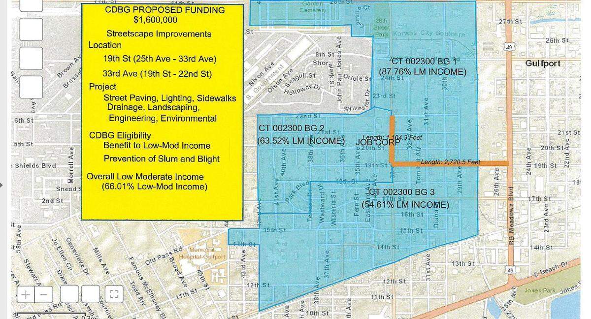 The city of Gulfport will hold a public hearing at 5:30 p.m. Wednesday at city hall on plans to spend $1.6 million in federal funds for improvements shown on this map.