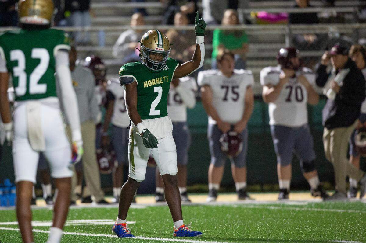 Poplarville’s JT Robinson reacts after a play during a playoff game against Forrest County Agricultural High School at Poplarville High School in Poplarville on Friday, Nov. 10, 2023.