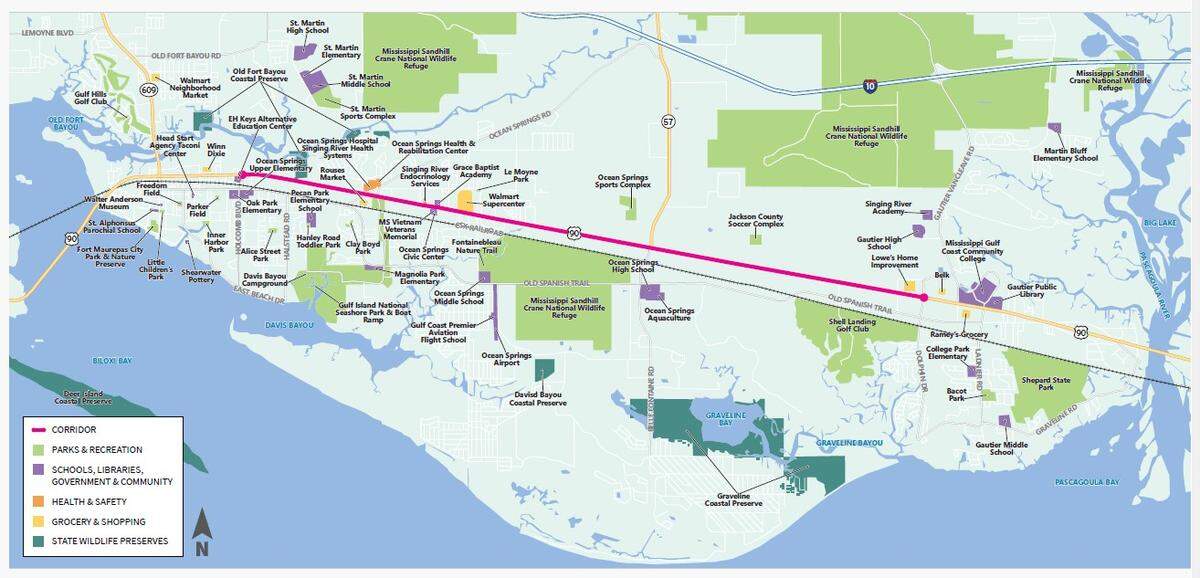 This map, shared by Gautier, shows the project area of the bike trail and widening of U.S. 90 from downtown Ocean Springs to the center of Gautier.