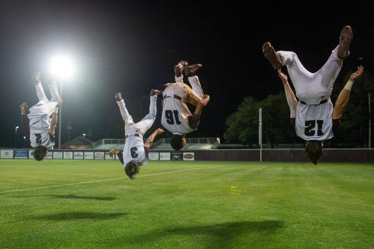 Members of the East Central baseball team do backflips after beating West Jones in the 5A South State championship game at East Central High School in Hurley on Tuesday, May 23, 2023.